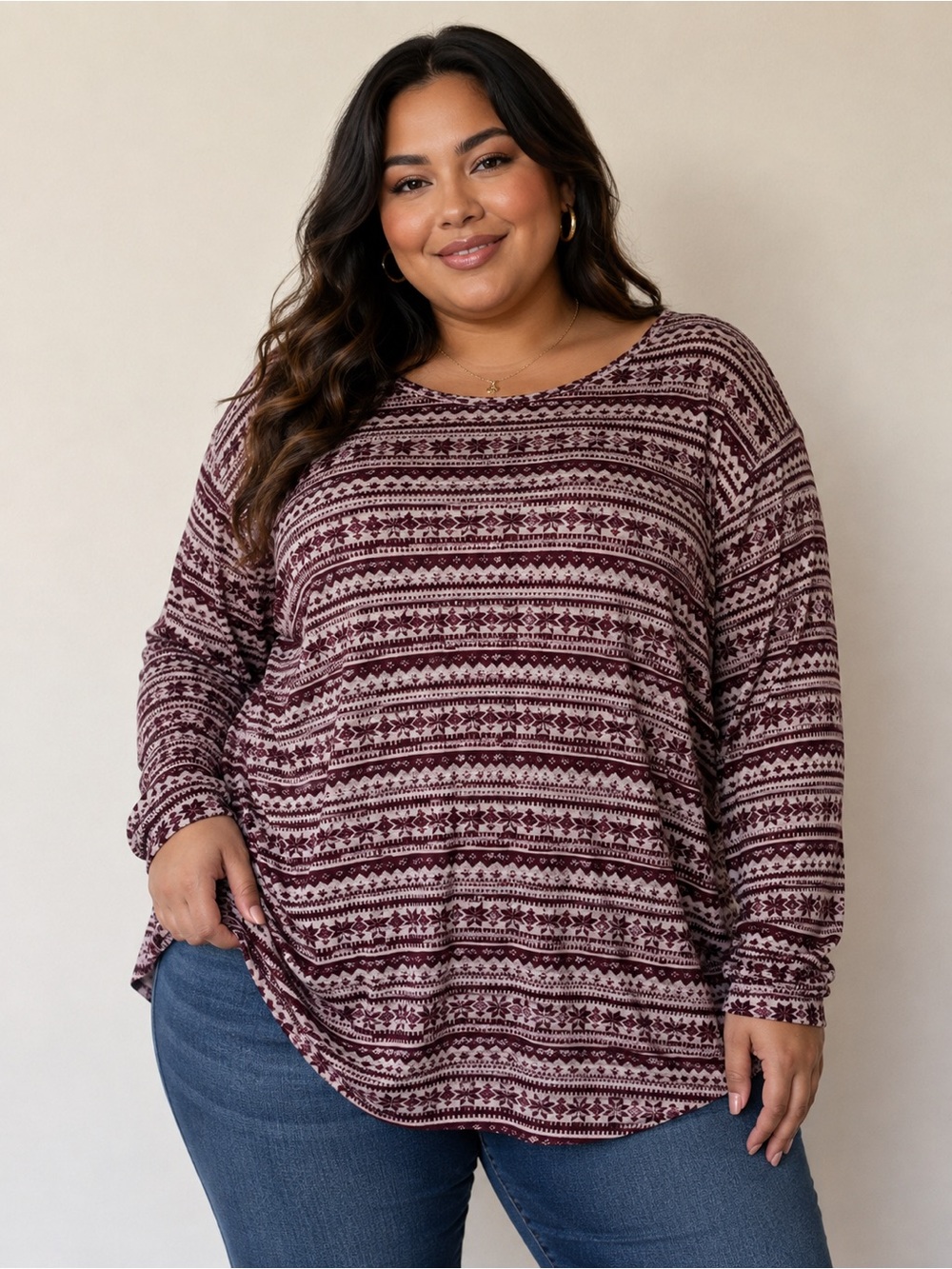 Plus-Size Burgundy Patterned Long-Sleeve Top